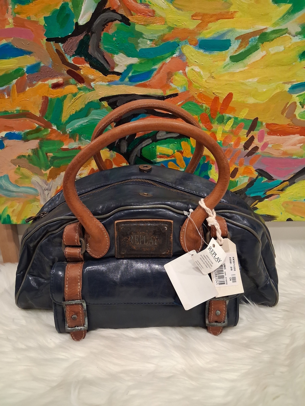 Vintage Replay Navy Leather Satchel with Tan Handles